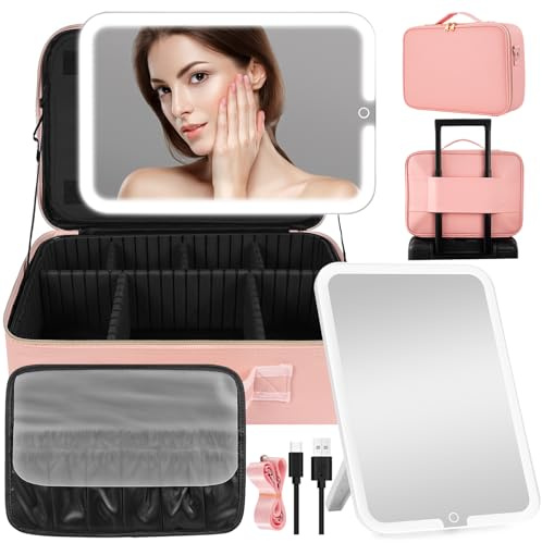 Große Reise-Make-up-Tasche mit beleuchtetem Spiegel, Pinker, abnehmbarer Spiegel, Kosmetiktasche mit Spiegel und Licht