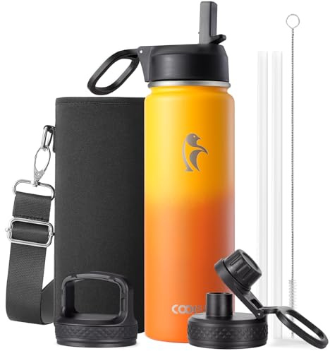 Coolflask Water Bottle 591ml Insulated with Straw, Stainless Steel Metal 3 Lids Water Flask Wide Mouth for Sports or Office, Non-BPA Keep Cold Up to 48 Hrs or Hot Up to 24 Hrs, Ombre Yellow/Orange