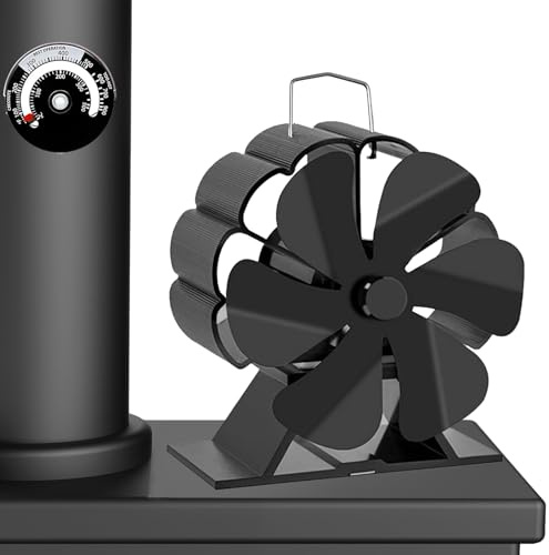 Kaminventilator 6 Flügel Ofenventilator Ohne Strom mit Thermometer, Leiser Betrieb, Kaminöfen Wärmebetriebener Ventilator, Hitzebetrieben stove fan für Holzbrenner/Kamin für Pellet/Holzbrenner/Kamin