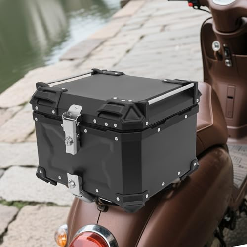 Wiyuer Motorrad Top Case 45L wasserdichte Motorrad Tail Box Motorräder Tail Storage Case mit Sicherheitsschloss Für 2 Helme Und Reisezubehör Aluminium Legierung Schwarz