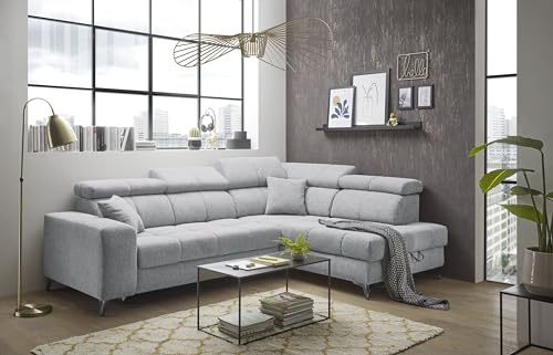 Stella Trading Ecksofa Sydney in Lichtgrau – Modernes Design mit gesteppter Oberfläche, elektrischer Sitztiefenverstellung, verstellbaren Kopfstützen, Stauraum & USB