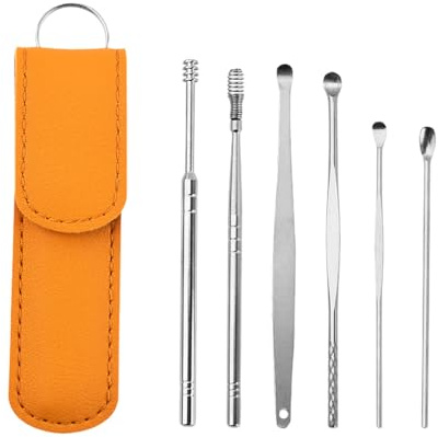 YIXANNX 6 Stück Ohrstöpsel Sticks Edelstahl Ohrenschmalz Entferner Kit Tragbare Reise Polierte Kürette Reinigung Entferner