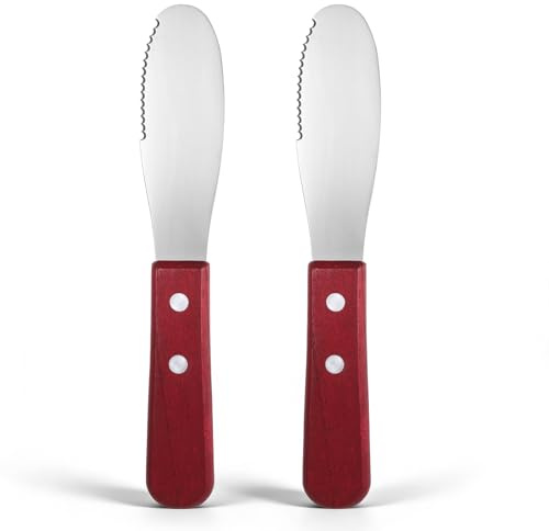 Tucnoeu 2pcs Stainless Steel Butter Spreader Knife with Wooden Handle, Long Handle Red & Steel Color, Kitchen Tools for Sandwich Cream Condiments