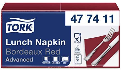 Tork 477411 Soft Lunchservietten Bordeauxrot / 3lagige, saugfähige Papierservietten in Rot / Vielfältig verwendbar / Advanced Qualität / 10 x 150 (1500) Servietten / 32,6 x 33 cm (B x L) / 1/4-Falz