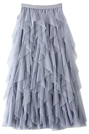 Donna Gonna Lunga di Tulle Elastico in Vita Stile Elegante Casual Irregolare Tulle Gonna Pieghe Grigio