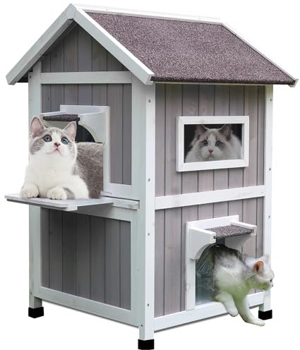 Feral Cat Shelter Outdoor with Escape Door Rainproof Outside Cat House Two Story for Three-Four Cats