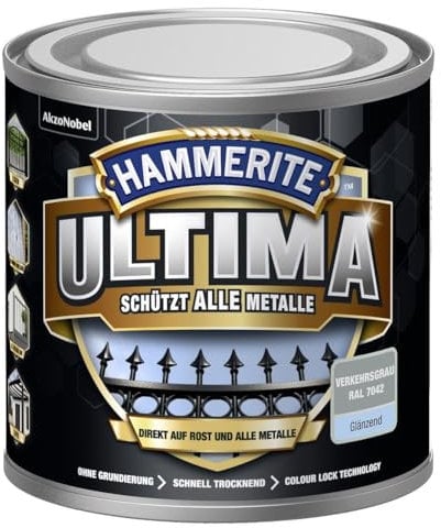 Hammerite Ultima Glänzend, Metallschutzlack, Verkehrsgrau RAL7042, 250ml