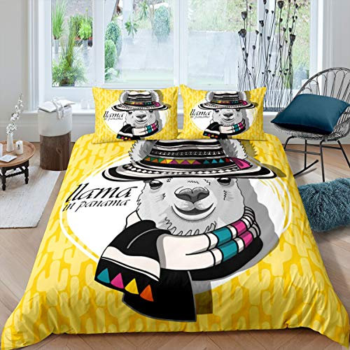 Tbrand Niedliche Lama Betten Set Karikatur Lama Alpaka Bettwäsche Set Südamerikanische Tiere Bettbezug Set 135x200cm für Kinder Gelb Kaktus Raumdekoration