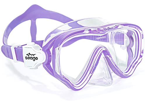 Seago Swimming Mask Swim Diving Scuba Mask Snorkel Gear for Kids Boys Girls Youth, Anti-Fog 180° Panoramic View Soft Silicone Skirt Kids Pool Underwater Swim Goggles with Nose Cover, Snorkel Equipment