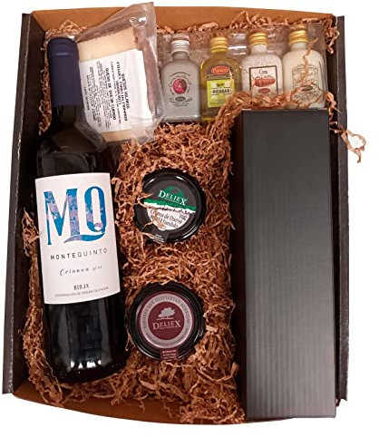 Lote gourmet con vino, cuña de queso de oveja, crema de queso torta, crema de jamón curado, 4 mini licores y set para vinos con forma de botella (3 piezas) en caja de regalo