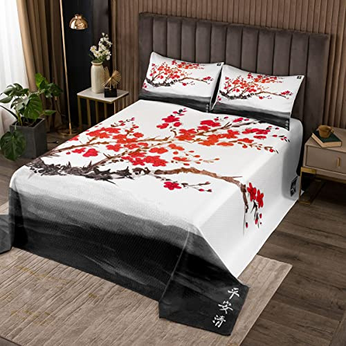 Copriletto trapuntato Ukiyoe in stile giapponese Trapuntato con fiori di ciliegio Set trapunta Set adulto Giapponese Rosso floreale trapuntato Set Rami ad acquerello 3 pezzi Biancheria da letto King