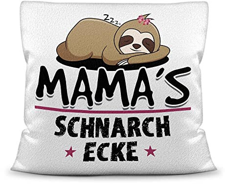 PR Print Royal Schnarch-Kissen - mit Spruch für Mama - Mamas Schnarch-Ecke, Sabber-Kissen - Lustiges Muttertagsgeschenk, für die Beste Mama, Geburtstag, Weihnachten - Kissen Weiß flauschig, 40x40 cm