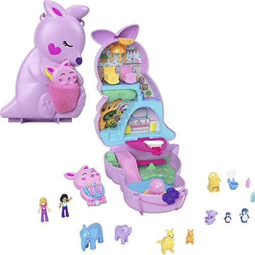 Polly Pocket 2in1 Reisespielzeug Spielset, Tierspielzeug mit 2 Puppen & Zubehör, Mama & Joey Känguru Geldbörse Groß Kompakt