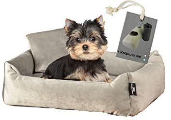 Rohrschneider Kuscheliges Hundebett kleine Hunde - waschbar, Flauschiges Hundesofa, Inklusive Hundekotbeutelset, (Farbe Taupe, Gr. S - kleine Hunde)