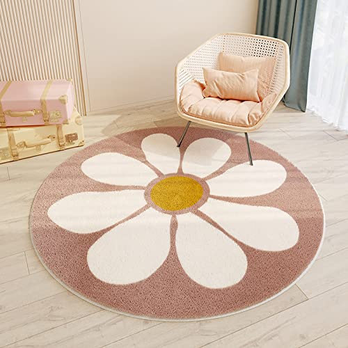 Runden Teppiche Weich Groß rutschfest Waschbar Teppich Nettes kleines Blumen-Rosa Kinderteppiche Flauschige Runden Groß Schutzmatten, ø160 cm
