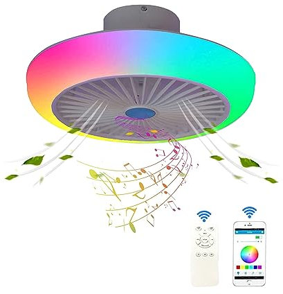 RGB Colour Changing LED Ceiling Fan with Light and Remote Control, Dimmable Ceiling Lamp with Fan Silent and Bluetooth Speaker Music APP Control Fan Lamp for Living Room Bedroom Kids Room, 60W+36W (B)