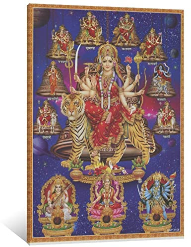 Durga Vintage-Stil, indischer Andachtsdruck, Religionshinduismus, Wandkunst, Hindu-Gott-Poster, Vintage-Stil, religiöse Leinwand, Wandkunst für hinduistische religiöse Anbetung, 50 x 75 cm