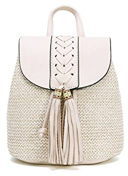 NICOLE & DORIS Sac a Dos de Paille Femmes Sac à Dos de Plage Daypacks Sac à Dos à Bandoulière Sac Seau Sac Porté Dos Loisir Sac de Voyage pour l'été Sac à Dos avec Glands Blanc Cassé