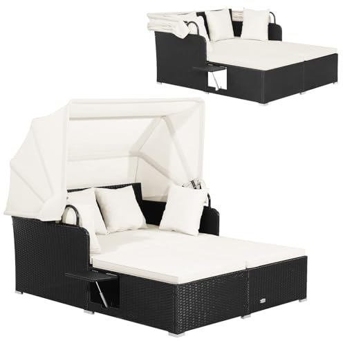 COSTWAY Sonnenliege Rattan für 2 Personen, Gartenliege mit Dach, Auflage, Kissen & ausklappbaren Seitentischen, Sonneninsel, Doppelliege, Sonnenbett, Loungebett für Garten, Terrasse