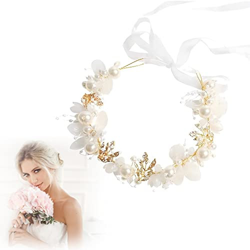 Brautkranz,Blumenkranz Perlen Haarreif,Braut Stirnband,Haarkranz Mädchen,Haarschmuck Kommunion Mädchen,Hochzeit Haarreif,Brautschmuck Haare kranz,weiß,1 ST