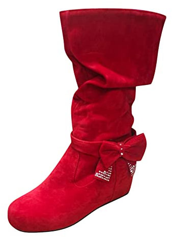 generico Retro Donne Flock Strass Tacco Basso Slip On Stivali Al Polpaccio Scarpe A Punta Rotonda Stivali Alti Risvolto (Red, 40)