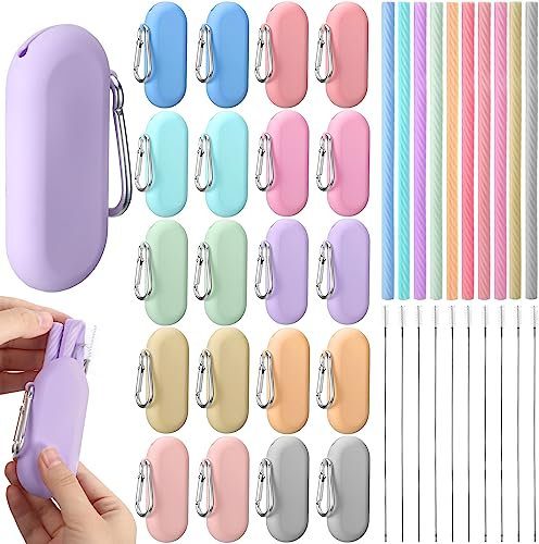 Irenare 20 Sets Silicone Straws with Case Reusable Collapsible Foldable Travel Portable Straw Cold or Hot Drinking with Carry Case, Long Cleaning Brush and Keychain, 10 Colors(Cute)
