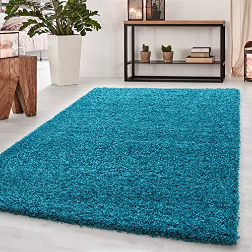SIMPEX Hochflor Teppich, Unicolor - Einfarbig, Teppich Türkis, 80 cm Rund, Teppich modernen Stil, Teppich Wohnzimmer