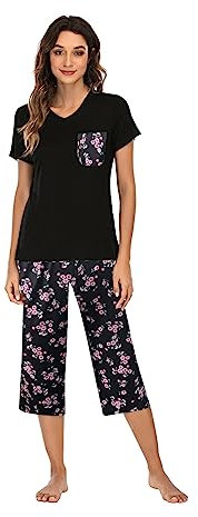 Famulily Ladies Pjs Pyjama Sets Floral V-Neck Short Sleeve Sleep Tee and Comfort Wide Leg Cropped Pant 2 Pieces Dark Black L