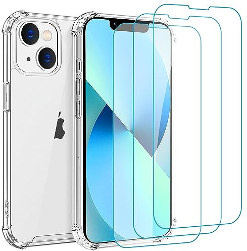 Whioltl Hülle für iPhone 13 Mini mit 3 Stück Schutzfolie, 4 in 1 Durchsichtige Kratzfest Stoßfest Handyhülle, Rundumschutz Nicht Vergilbend Schutzhülle, Transparent Weiches Case