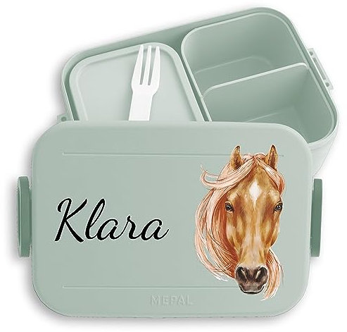 Kinder Bento Box Midi Lunchbox für Mepal Bentobox - Pferde - Brotdose Pferdekopf Jausenbox Pferdemädchen Vesperbox Reiten I Pferd - 900 ml - Sage Grün - butterbrotdose mädchen schule