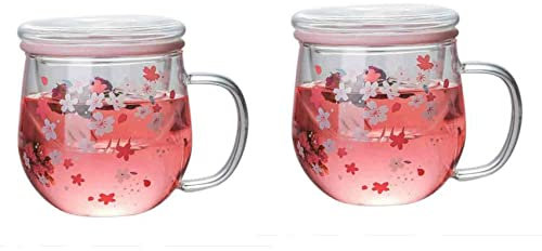 VENEKA Lot de 2 tasses en verre avec infuseur à thé et couvercle Motif fleurs de cerisier 300 ml