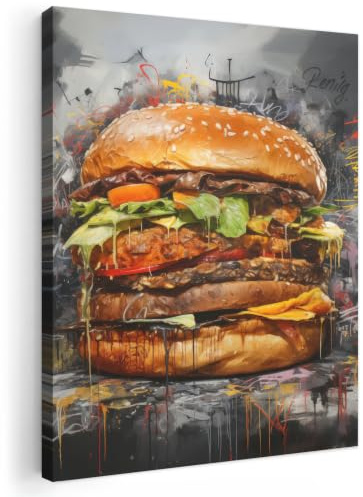 MuchoWow© Wandbilder Schlafzimmer Home Deko Wohnung Bild Wohnzimmer | 30x40 cm - Fotoleinwand Wand Bilder Leinwand Wall Decor Banksy - Street Pop Art - Burger - Essen - Kunst - Grau - Graffiti