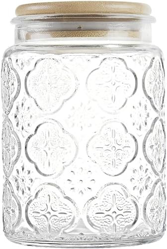 24 OZ Glass Storage Jar with Airtight Wooden Lids, Vintage Food Containers Canisters Sets for Kitchen Counter,Pantry, coffee, tea, creamer, sugar, baking soda, candy,Food Storage Jar (Begonia Flowers)