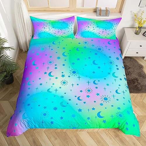 Manfei Sun Moon Trippy Bettbezug Set M Größe,Sternenhimmel Romantische Bettwäsche Set,Kinder Schönheit Zimmer Dekor,Blau Lila Gradient Träumen Trost Cover,Bunte Boho Quilt Cover,1 Kissenbezug