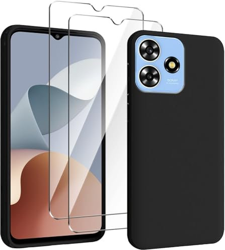 HuiYouMY Handyhülle Kompatibel mit ZTE Blade A73 4G Hülle, 2 Stück Gehärtetes Glas Schutzfolie, Weich Black Schutzhülle Starker Schutz Silikon Case TPU Cover (6.60)-Schwarz