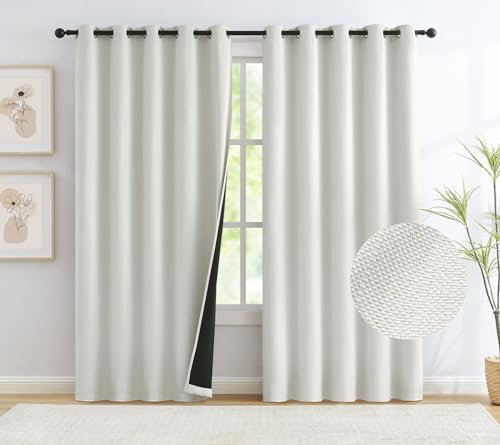 Full Blackout Rustic Curtains for Bedroom, Ivory, Vintage Burlap Linen Textured Privacy Window Treatment Light Blocking Energy Efficient Window Treatment Set Grommet Top 60 W x 54 L, 2pc