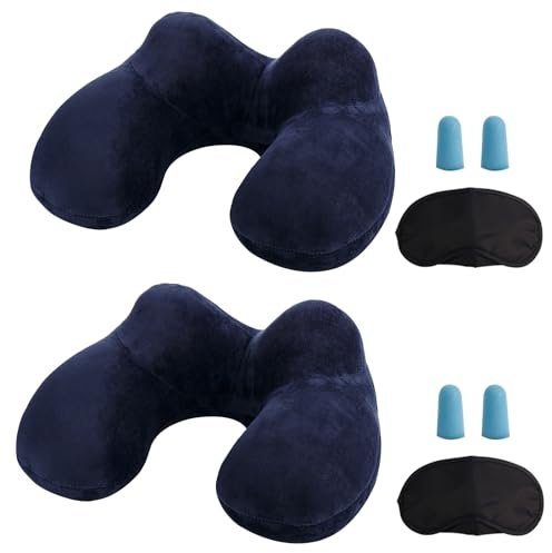 MOCOCITO 2-Set Reisekissen Aufblasbares/Nackenkissen Ergonomisch Aufblasbare Hergestellt waschbarem Kissenbezug Nackenhörnchen ideal für Reisen mit dem Auto, Flugzeug, Zug, Büro(Blau)