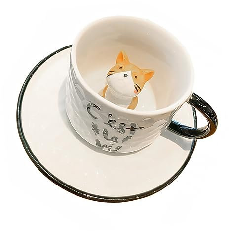 Aintap Embossed Ceramic Mug Set with Small Cat Figurines - Perfect for Loose Leaf Tea and Coffee