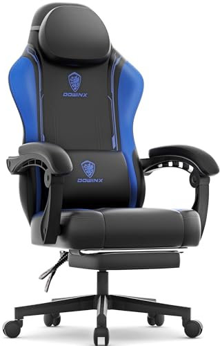Dowinx Gaming Stuhl Racing Gamer Stuhl mit Frühling Kissen, Ergonomischer Gaming Sessel mit Massage Lendenwirbelstütze, Bürostuhl PU Leder PC-Stuhl Verbreiterte Rückenlehne 150KG, blau