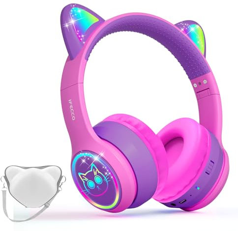 iFecco Auriculares Bluetooth para Niños con Micrófono,Auriculares Niños Inalambricos con Estuche,Led Light Cat Ear Auriculares para Cumpleaños Viajes Escuela Regalos