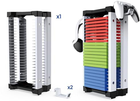 OhhGo CD Ständer, DVD Ständer, Gaming Regal, CD Regal Klein, Videospiel-Aufbewahrungsständer Tower Mit 2 Haken Für Ps5/Xbox