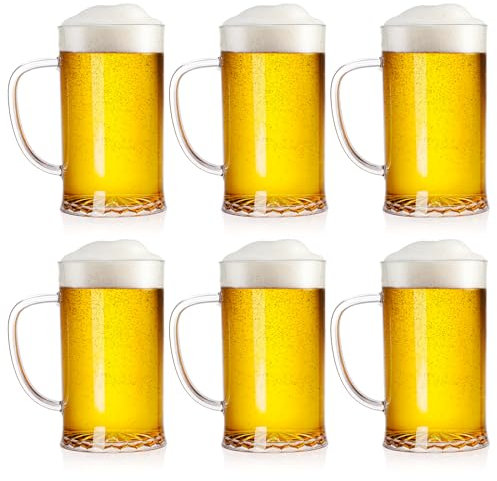 ZEAYEA Set of 6 Plastic Beer Mug, 500 ml/16 oz Acrylic Drinking Cups with Handle, Clear Reusable Beer Stein Glasses for Party Bar Home Hotel Whiskey Juice Cocktail Beverages