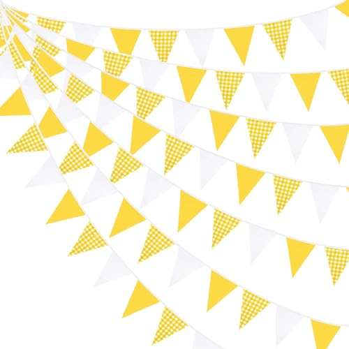 32Ft Wimpelkette Gelb Weiß Kariert Stoff Gingham-Dreieck Flagge für Picknick Grillen Biene Sonnenblume Hochzeit Geburtstag Babyparty Zitronenparty Outdoor Garten Hängedekoration