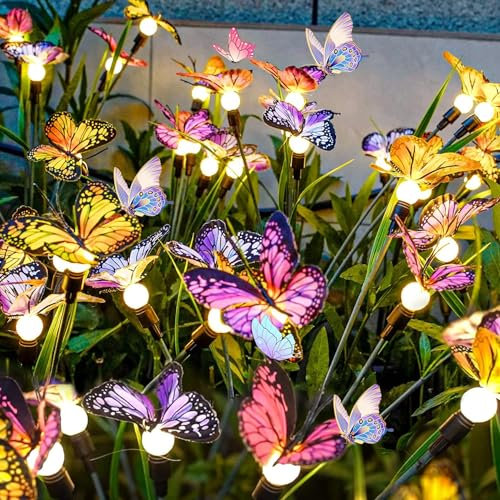 VEEKAY Solarlampen für Außen Garten,2 Stück 12 LED Schmetterling Glühwürmchen Solargartenlichter,Firefly Solar-gartenlichter,IP65 Wasserdicht Swinging Solarleuchten für Hof, Terrasse,Gehweg-Dekoration