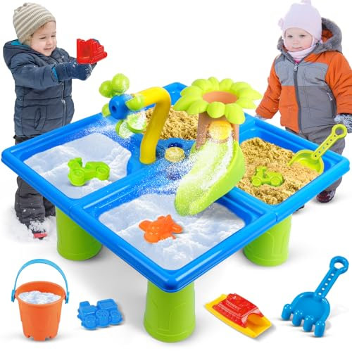 TERRAMUS 4 en 1 Mesa de Agua para Niños, Juego de Juguete de Mesa de Arena y Agua, 24 Piezas de Accesorios para Mesa Sensorial, Juguetes de Verano al Aire Libre para Niños y Niñas de 3 4 5 6 años