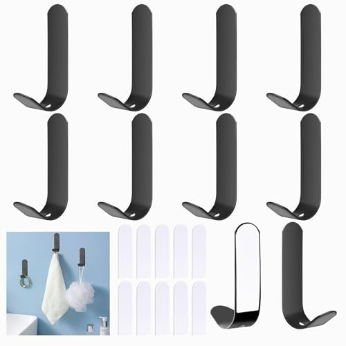 WEFINEST 10 PCS Self Adhesive Hooks J, Stainless Steel Sticky Hooks, Waterproof Towel Hook, No Drilling Wall Hangers, Small Adhesive Wall Hooks for Bathroom, Kitchen, Closet (Black)