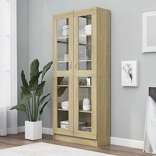 puraday Bücherregal Wohnzimmer Vitrinenschrank Sonoma-Eiche 82,5x30,5x185,5 cm Holz Bücherschrank mit Geräumigen Fächern Möbel Büro-Regale Ausreichend Stauraum Vielseitiges Regal Zimmermöbel