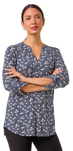 Roman Shirt for Women UK Ladies Top Collarless Blouse Stretchy Tunic Smart Casual Autumn Winter Jersey 3/4 Length Sleeve Notch V Neck Flattering Office Work - Navy Paisley - Size 18