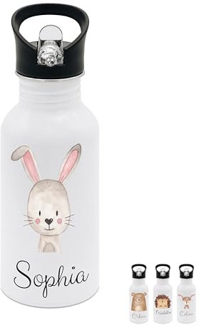 wunderwunsch® - Personalisierte Trinkflasche Kinder Edelstahl [ 500ml ] - Robuste Trinkflasche mit Namen - Wasserflasche mit Trinkhalm - Personalisierte Geschenke für Kinder (Hase)