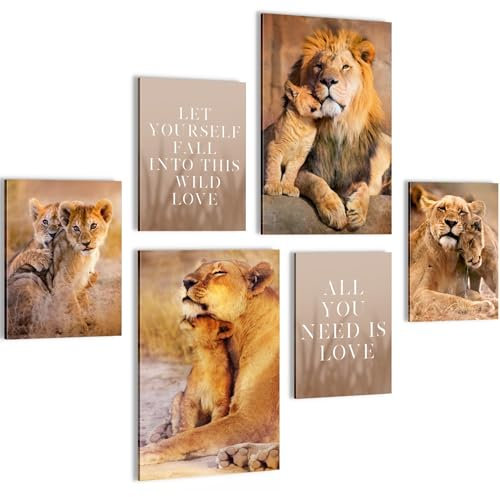 Novart Wandbilder Löwen Afrika Tiere - KOMPLETT AUFHÄNGFERTIG - Beige Wohnzimmer Schlafzimmer Flur - 6 Moderne Mood-Bilder - N036267a